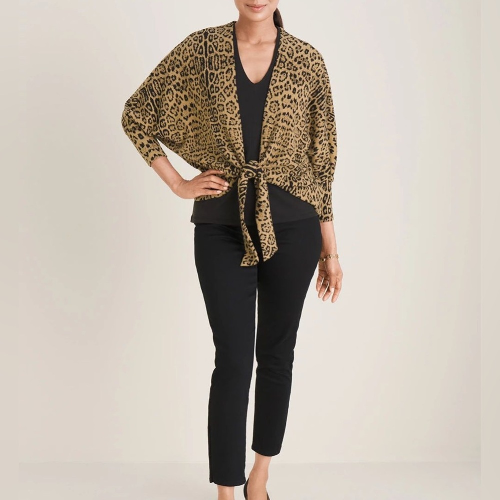 Chico's Cozy Tie Front Animal Print Cardigan Shrug Sweater Size 1 Medium EUC